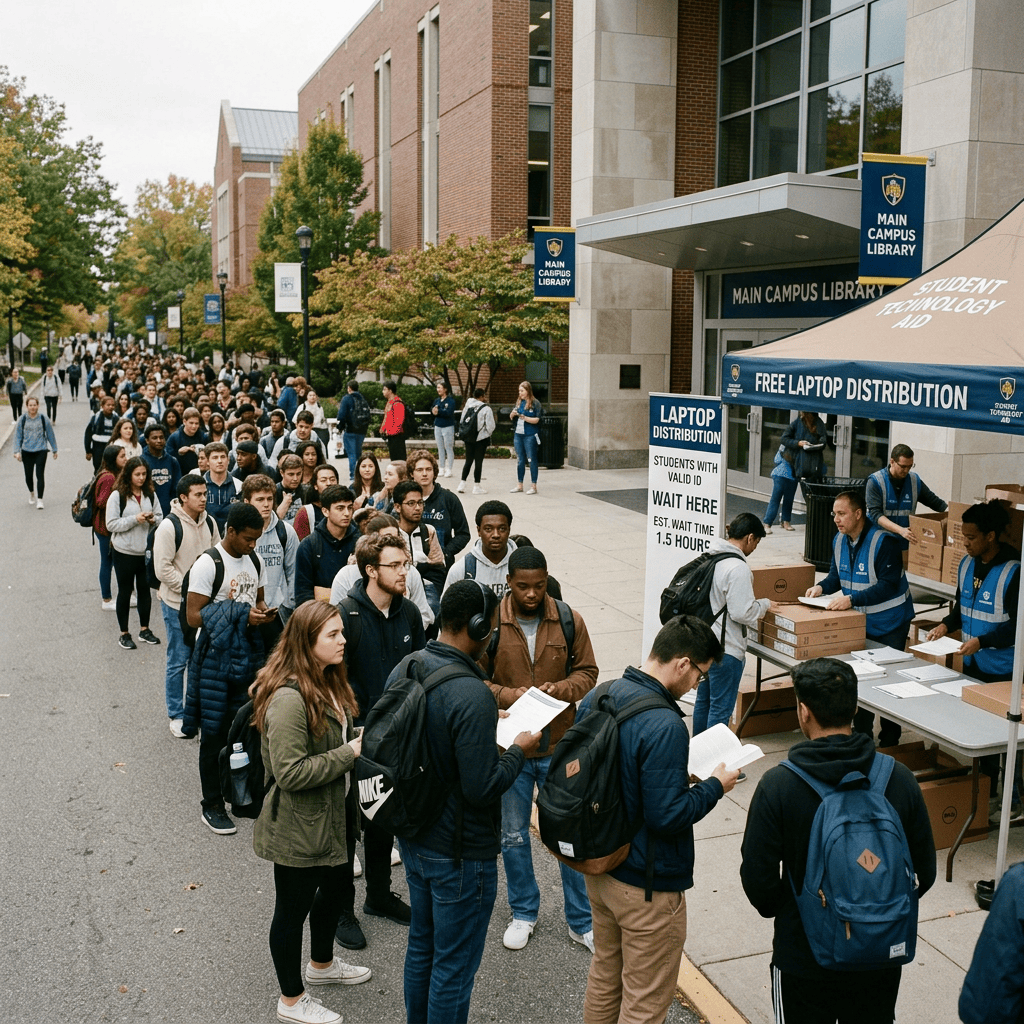 Students line up at Main Campus Library for free laptop distribution.