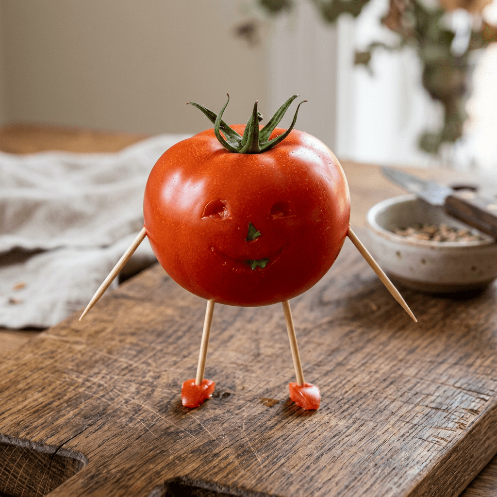 Tomato carved with a smiling face and supported by toothpick legs