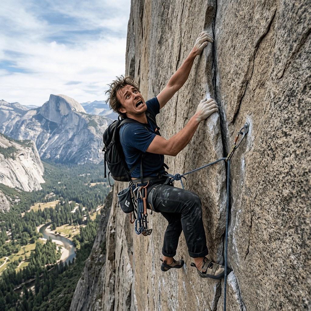 Rock climber ascending a granite wall above Yosemite Valley