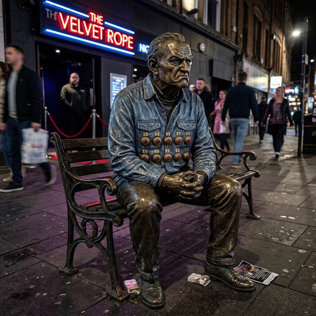 Bronze statue of a seated man outside The Velvet Rope nightclub