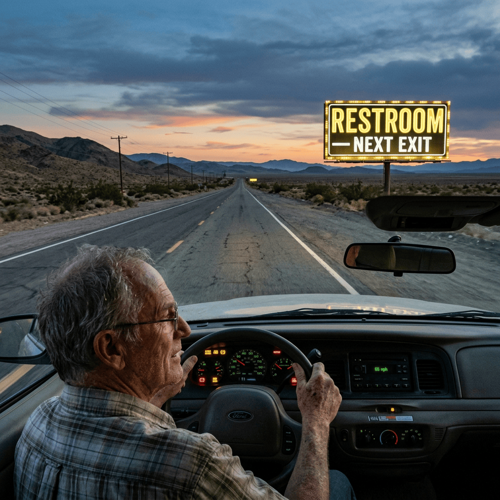 Driver on desert highway approaching sign reading RESTROOM NEXT EXIT