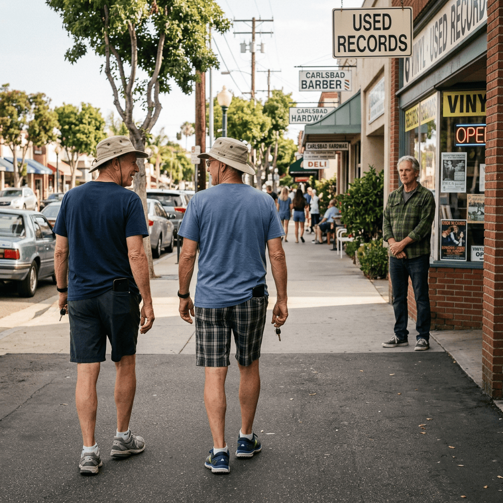 Retired friends walking downtown while a man watches
